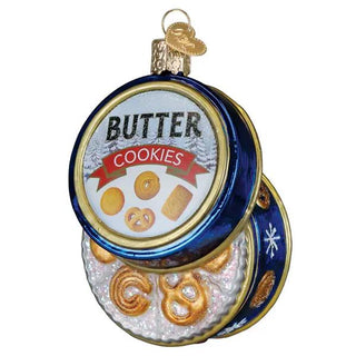 Butter Cookies Tin Ornament with blue and gold tin and cookie illustrations