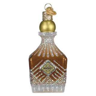 Whiskey bottle decanter ornament, amber glass with silver glitter pattern