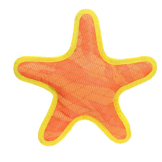DuraForce Star dog toy, orange with yellow trim, star-shaped squeaky fabric toy