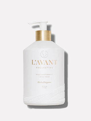 Dish soap bottle by L’AVANT Collective, Blushed Bergamot, white bottle with gold neck band and pump