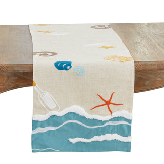 Beach table runner with seashell and starfish prints on beige fabric, turquoise wavy border, 16x70