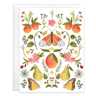 Blank note card, Fresh & Fruitful; vibrant fruit and floral motif with butterflies, envelope included.