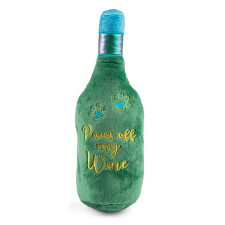 Pawfoot Wine Squeaker Dog Toy, green plush bottle with blue cap and gold embroidery