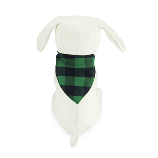 Buffalo plaid pet bandana, green and black, on a white plush dog