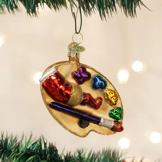 Artist's Palette Ornament, round glass holiday ornament with multicolor paint dabs and a glittery paintbrush accent