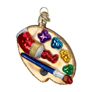 Artist's Palette Ornament, multicolored paint blobs with brush and glitter trim
