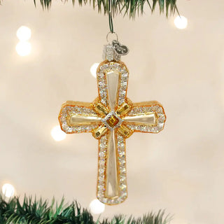Holy Cross Ornament, gold-tone cross encrusted with clear crystals and a central gem