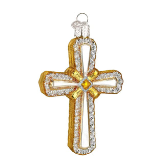Cross ornament with gold-tone frame, crystal border, and central yellow gem, hanging loop.