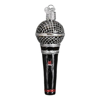 Microphone ornament with black handle, silver glitter mesh head, and red accents.