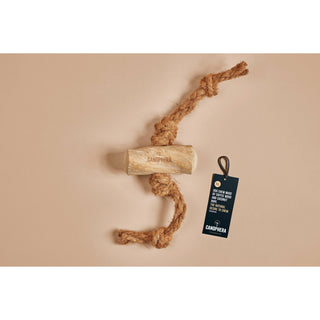 Dog chew made of coffee wood and coconut rope, natural brown, with tag
