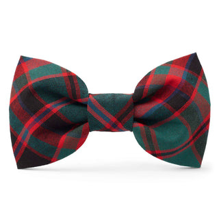 Highland plaid dog bow tie in red, green, and navy plaid fabric