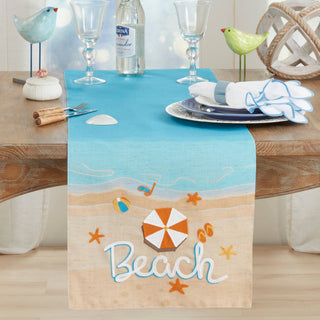 Beach Runner turquoise and beige table runner with beach motif