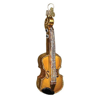 Violin ornament, gold-toned with glittery strings and rhinestone accents, hanging loop