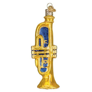 Trumpet ornament, gold-tone glass with blue interior and raised detailing.