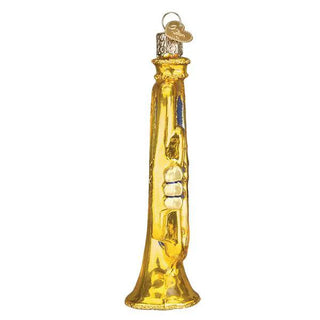 Gold-tone trumpet ornament with hanging loop, glass Christmas decoration