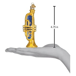 Gold-tone trumpet ornament with blue glitter interior, hanging loop, 4.75 in tall decorative holiday accent.