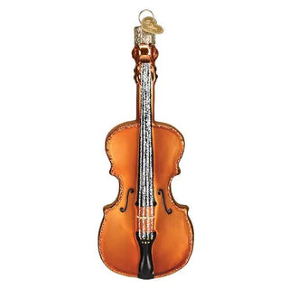 Cello ornament, orange glass with silver strings and glittered edge; gold hanging loop.