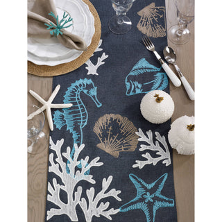 Sea Design Runner navy table runner with turquoise seahorses, starfish, shells, and coral motifs.