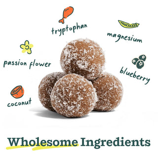 Calming Wellness Pops: 4 coconut-coated brown energy bites stacked; ingredients include passion flower and blueberry