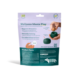 Calming Wellness Pops dog treat package in purple and teal with a playful dog illustration.