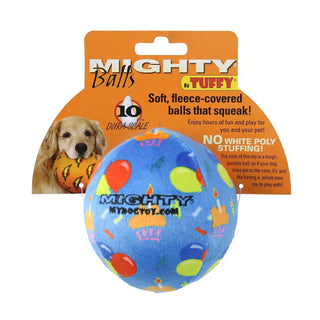Mighty Ball-Medium Celebration squeaky dog toy, blue fleece-covered ball with colorful print; two balls shown.