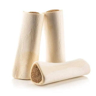 3-pack 5-6 inch Bacon & Cheese Filled Bone beef shin dog chews; white hollow bones with brown filling