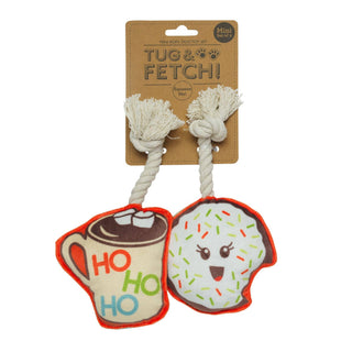 Mini dog toy set: two plush rope-toy items shaped as a mug and a sprinkled donut with bright multicolor details