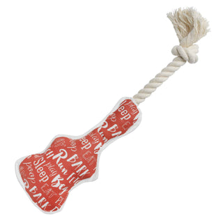 Guitar-shaped rope dog toy with red printed fabric body and beige rope handle.