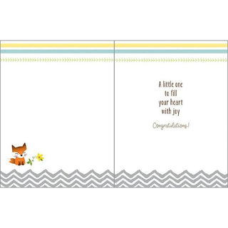 Woodland Baby greeting card; left panel fox with flower, right panel sentiment, striped border and gray chevron bottom