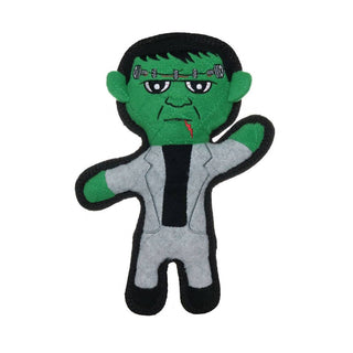 Frankenstein Halloween plush dog toy, green head with gray suit, squeaky and durable