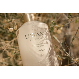Dish soap bottle in ivory-gold packaging, labeled Ambre Santal