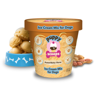 Puppy Scoops Ice Cream Mix for Dogs tub and blue bone-pattern bowl, peanut butter flavor
