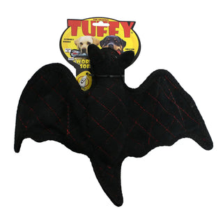 Desert Bat dog toy, black quilted fabric with red stitching, squeaky