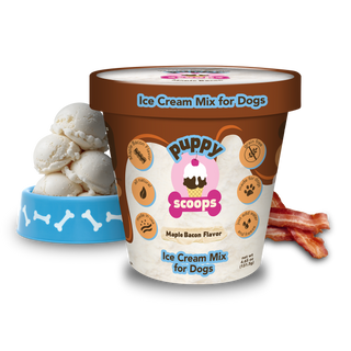 Puppy Scoops Ice Cream Mix for Dogs, brown tub with blue label, maple bacon flavor