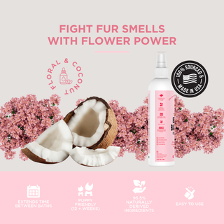 Between Bath Spray for dogs, pink bottle with Floral & Coconut scent