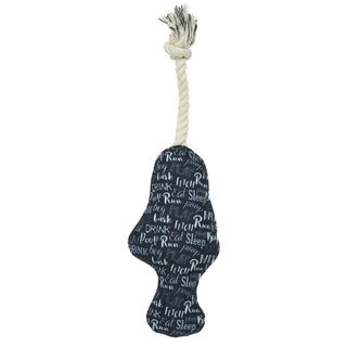Rope dog toy, bone-shaped with dark blue fabric and light text pattern, natural rope handle.