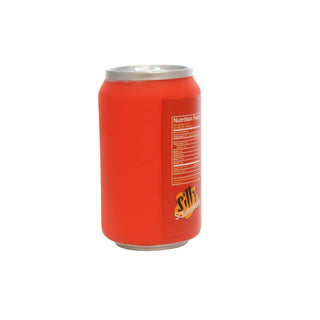 Red soda-can style dog toy with silver ends, nutrition facts panel, and Silly Squeaker branding