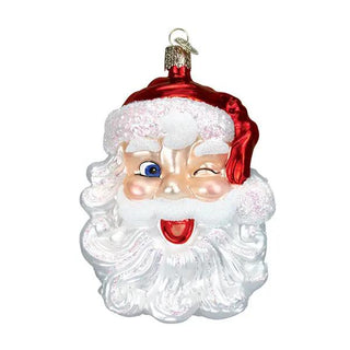 Winking Santa ornament featuring a red hat, white beard, and shimmering silver body.
