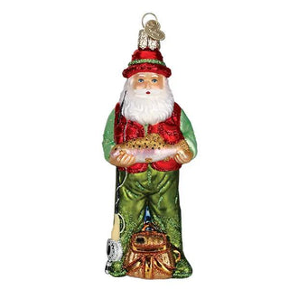 Fly Fishing Santa ornament, Santa in green suit with red vest holding a fish.