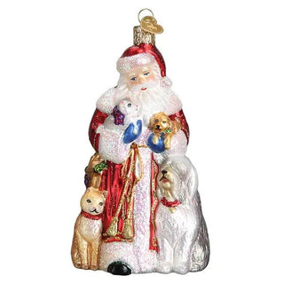 Santa's Furry Friends Ornament: glittery red Santa with four pet companions (cats and dogs) beside him