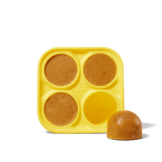 Pupsicle Treat Tray, yellow silicone dog treat mold with four round cavities; three filled.