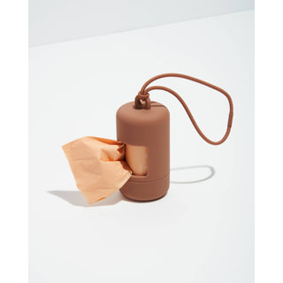 Poop bag carrier dispenser for pets, tan silicone with brown strap