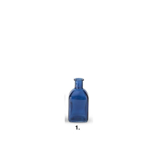 Blue glass bottle vase with a square base and short neck, cobalt blue