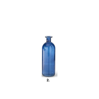 Blue glass bottle with tall neck and rounded body in cobalt blue.