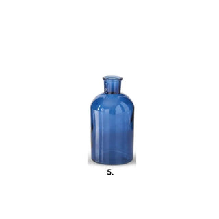 Blue glass bottle with rounded shoulders and narrow neck.