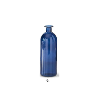 Blue glass bottle vase in deep cobalt hue with a narrow neck.