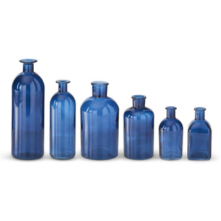Blue glass bottles in varying heights, set of 6, by K&K