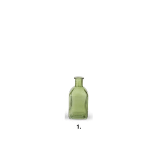 Green glass vase with a square, bottle-shaped body and short neck.
