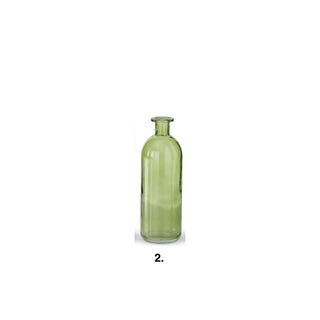 Green glass bottle vase, tall cylindrical shape with a narrow neck.