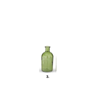 Green glass bottle vase with a short neck and smooth finish.